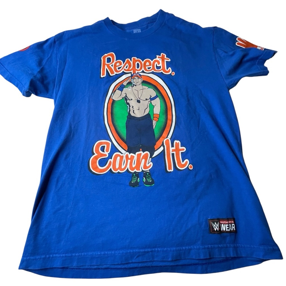 WWE John Cena Mens Blue Graphic T-Shirt Respect Earn It Never Give Up Size‎ L
